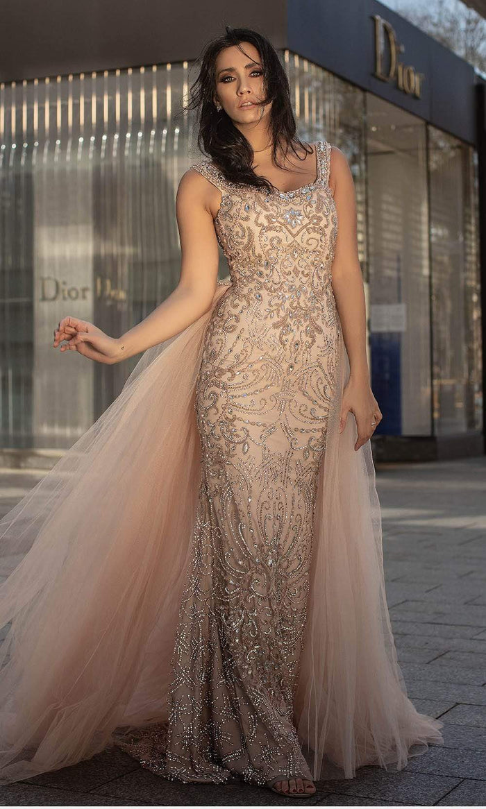 Chic and Holland - HF1576 Embellished Sheath Dress with Overskirt Special Occasion Dress 0 / Blush