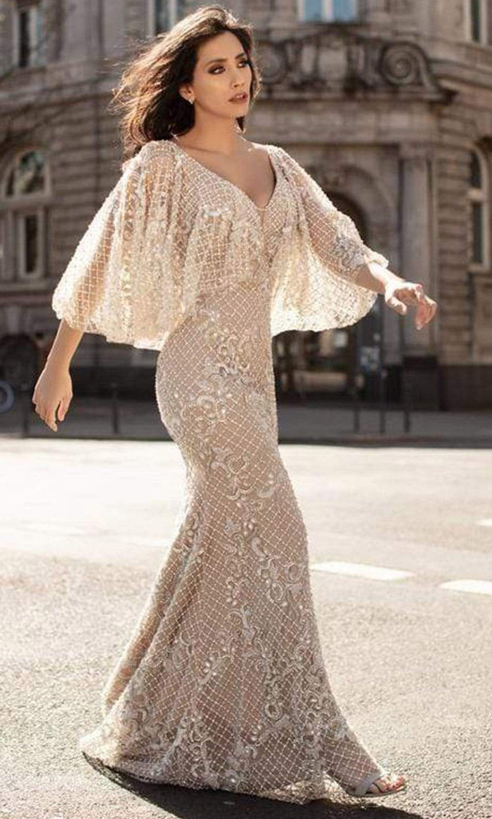 Chic and Holland - HF1611 Bell Sleeve Lattice Trumpet Gown Evening Dresses 0 / Nude