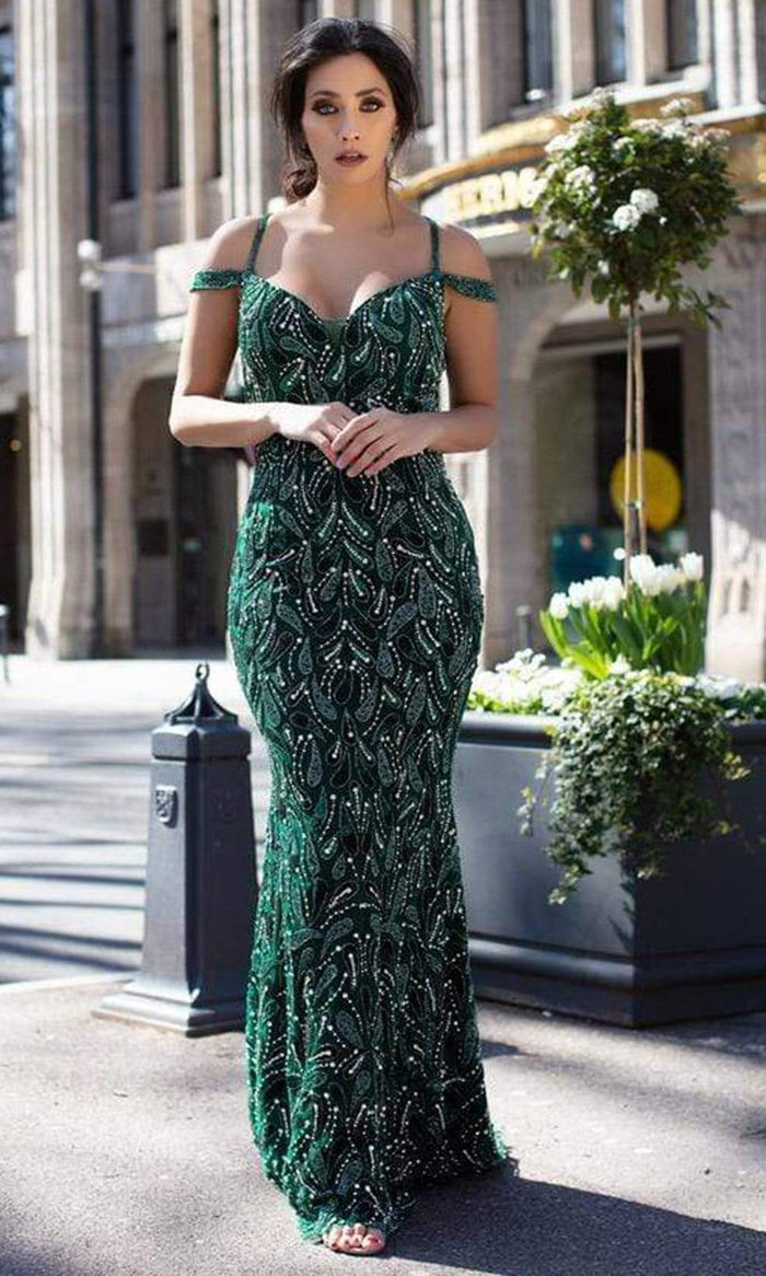 Chic and Holland - HF1636 Cold Shoulder Beaded Trumpet Dress Evening Dresses 0 / Green