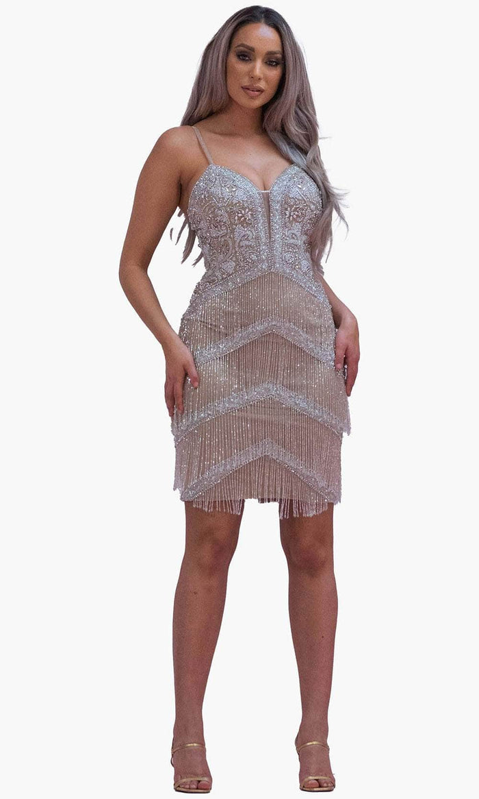 Chic and Holland SD1831 - Beaded Fringed Cocktail Dress Cocktail Dresses 2 / Nude