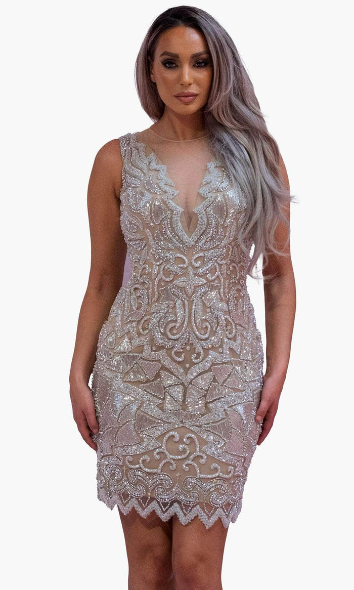 Chic and Holland SD1838 - Illusion Jewel Cocktail Dress Cocktail Dresses 2 / Nude