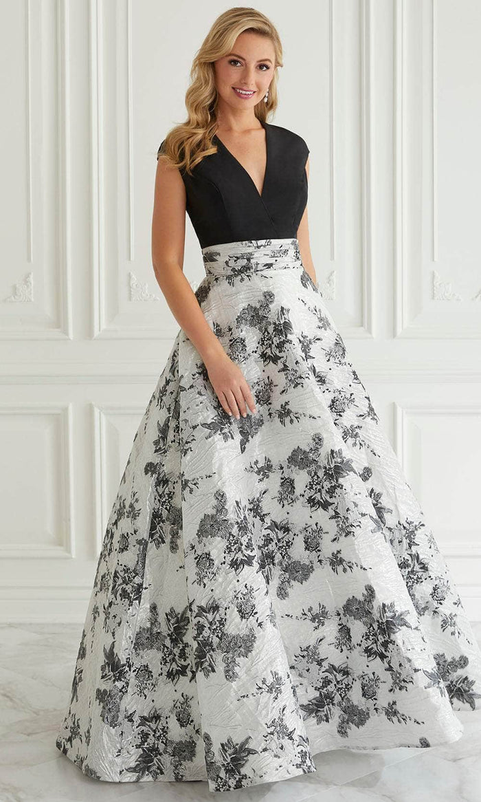 Christina Wu Elegance - 17082 Cap Sleeve Brocade Ballgown Special Occasion Dress 2 / Black/Silver