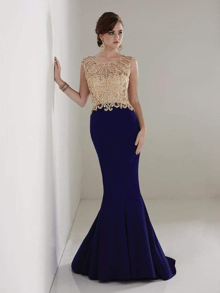 Christina Wu Elegance - Beaded Bateau Jersey Mermaid Evening Gown 20208 - 1 pc Navy/Gold in Size 6 Available CCSALE 16 / Navy/Gold