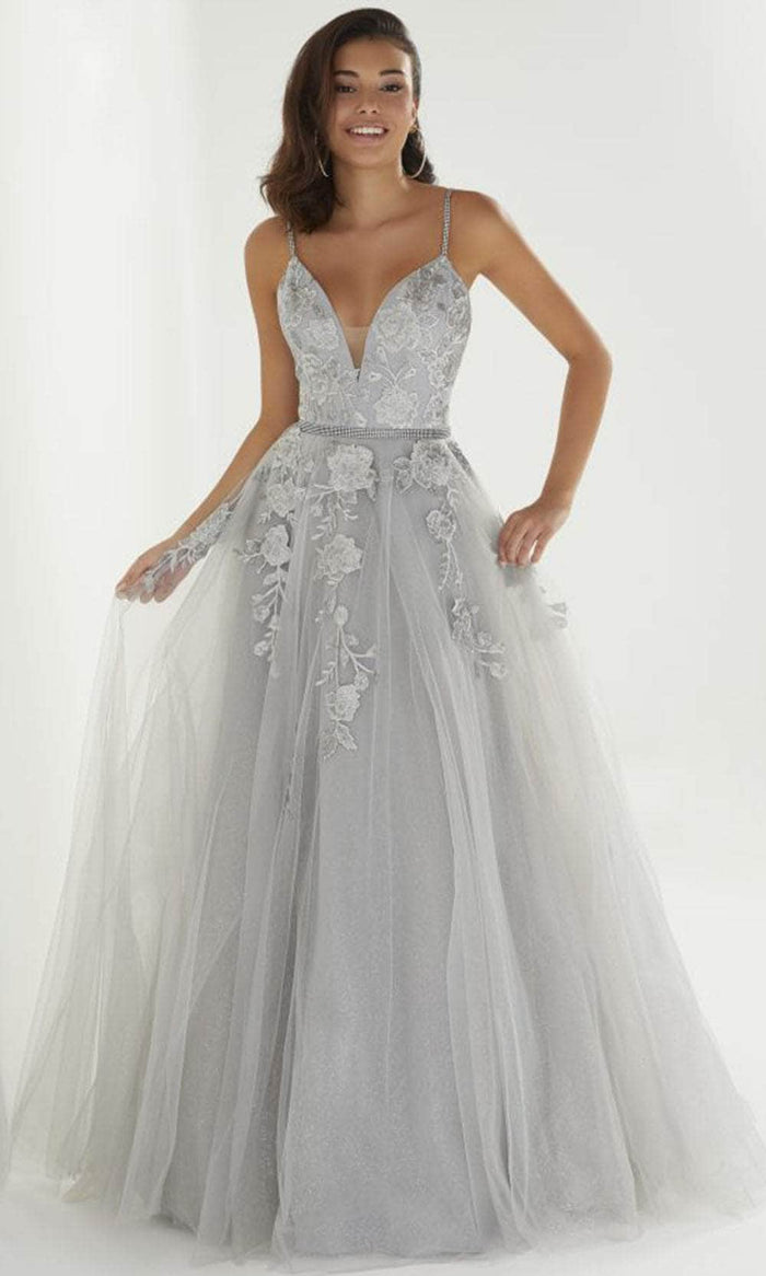 Christina Wu Prom Exclusive - 46266 Floral Lace Sleeveless Gown Special Occasion Dress 0 / Gray Silver