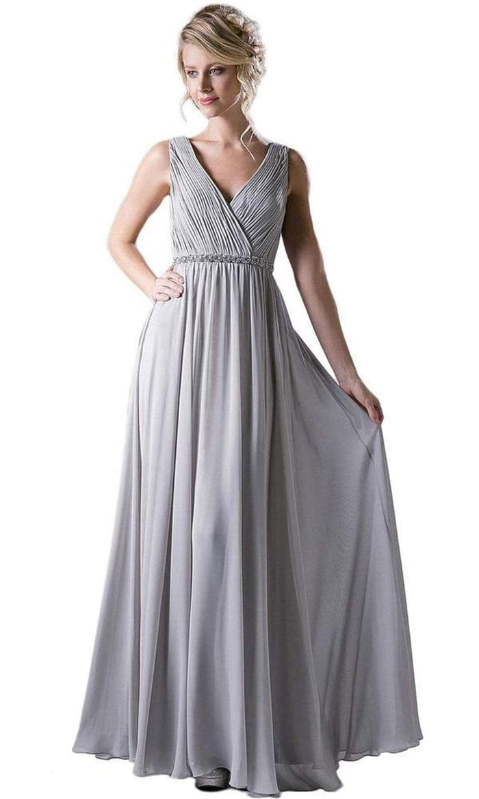 Cinderella Divine - 1001 Beaded Belt Sleeveless V Neck Chiffon Empire Waist Dress - 1 pc Silver  in size XL and 1 pc Silver In Size 2X Available CCSALE 2X / Silver