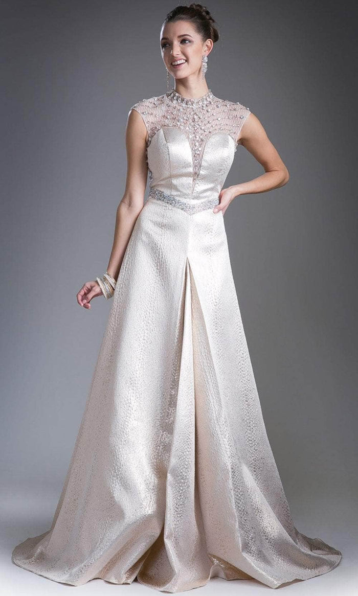 Cinderella Divine 13557 - Illusion High Neck A-Line Gown Special Occasion Dress 6 / Champagne