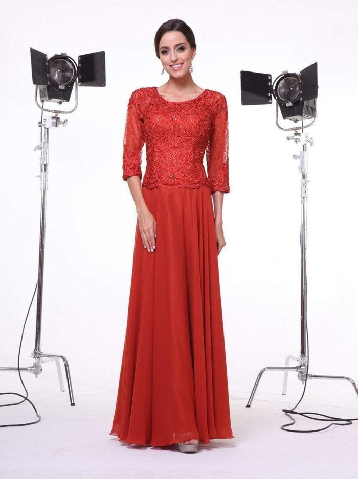 Cinderella Divine - 14327 Quarter Sleeve Soutache Bodice A-Line Long Formal Dress Mother of the Bride Dresses XS / Red