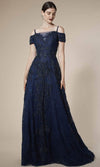 Cinderella Divine 5326 - Cold Shoulder Floral Lace Gown Special Occasion Dress 6 / Navy5