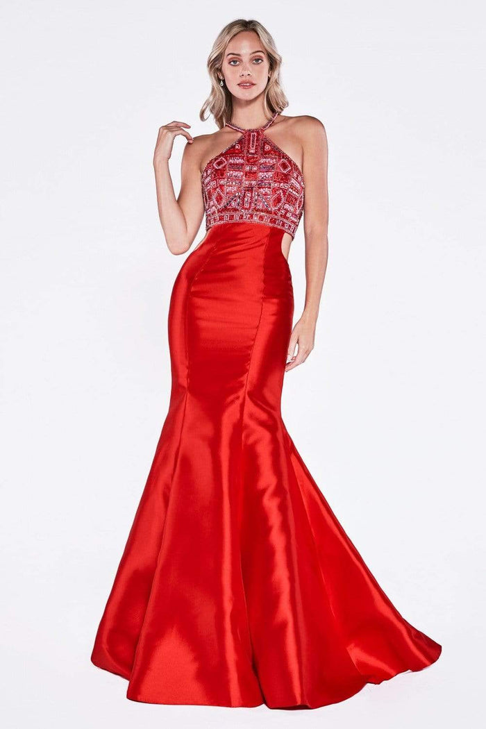 Cinderella Divine - 61894 Bead Embellished Halter Mermaid Gown Special Occasion Dress 4 / Red