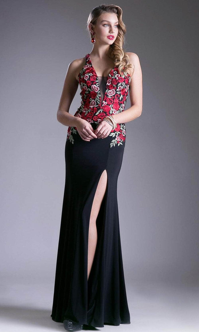 Cinderella Divine 62236 - Floral V-Neck Evening Dress Special Occasion Dress 4 / Black