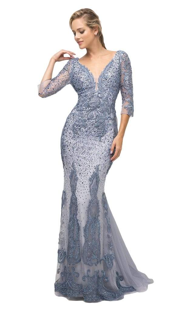 Cinderella Divine - 6481 Quarter Length Sleeves Beaded Lace V Neck Mermaid Gown CCSALE 14 / Perry Blue