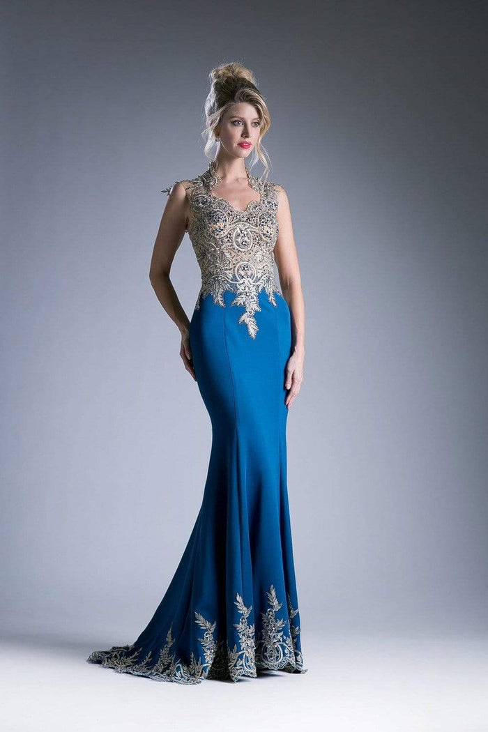 Cinderella Divine - 7263 Cap Sleeve Gilded Lace Queen Anne Long Gown Special Occasion Dress 2 / Teal