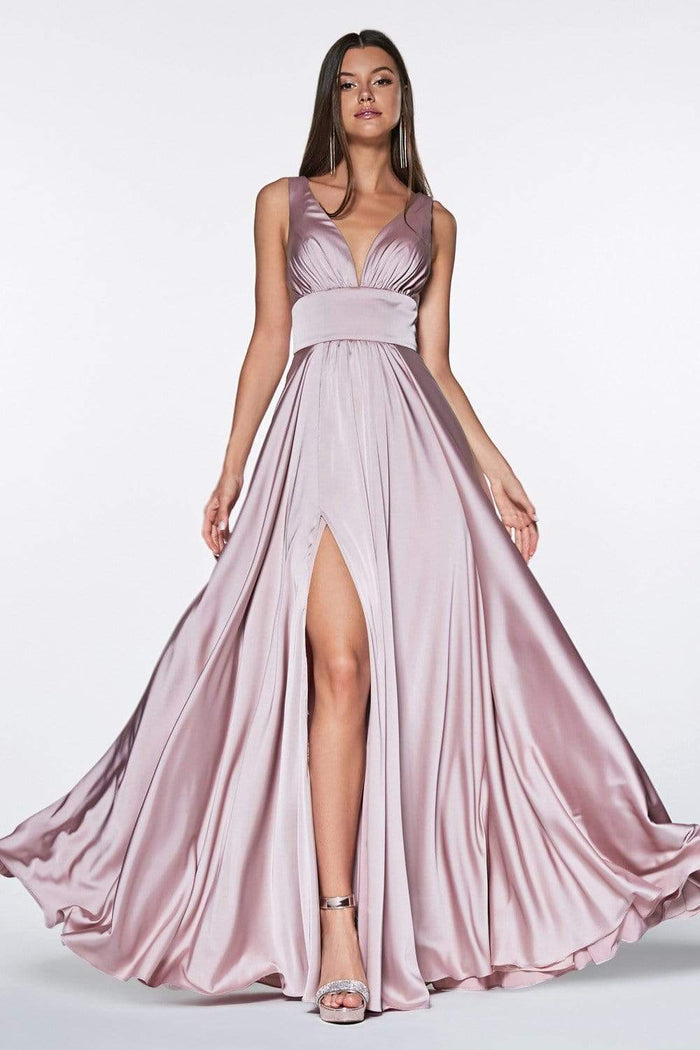 Cinderella Divine - 7469 V Neck High Slit Satin Flowy A-Line Dress Bridesmaid Dresses 2 / Mauve