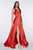 Cinderella Divine - 7469 V Neck High Slit Satin Flowy A-Line Dress Bridesmaid Dresses 2 / Red