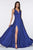 Cinderella Divine - 7469 V Neck High Slit Satin Flowy A-Line Dress Bridesmaid Dresses 2 / Royal