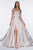 Cinderella Divine - 7469 V Neck High Slit Satin Flowy A-Line Dress Bridesmaid Dresses 2 / Silver