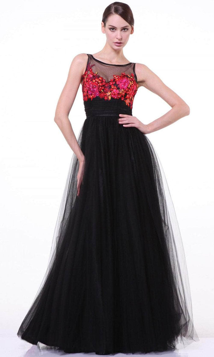 Cinderella Divine 7969 - Floral Applique V Back Prom Dress Special Occasion Dress 4 / Black