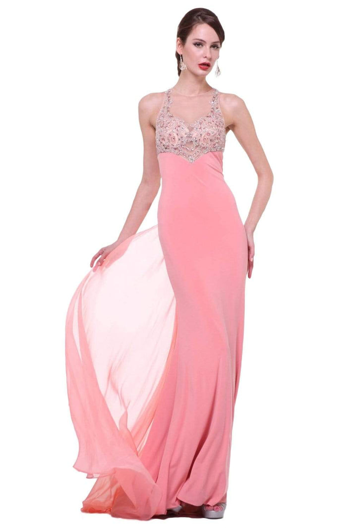 Cinderella Divine - 8744 Beaded Illusion Sheath Dress Evening Dresses 2 / Coral
