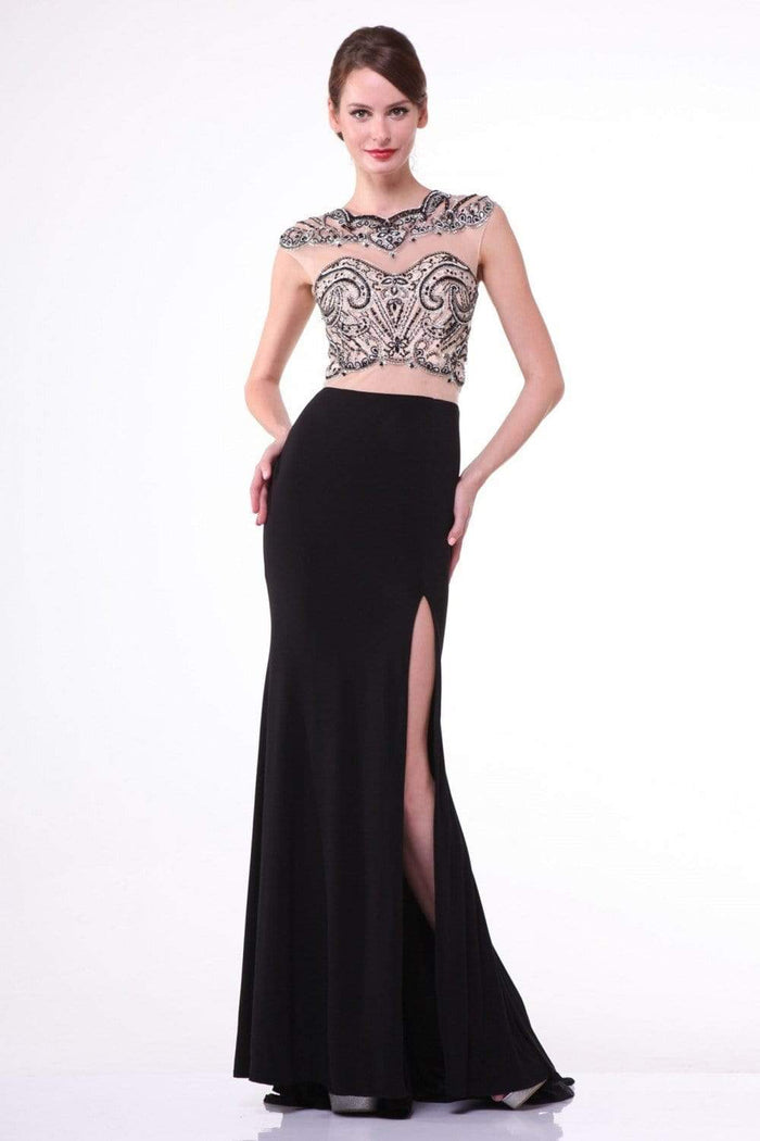 Cinderella Divine - 8786 Beaded Illusion Sheath Dress with Slit Evening Dresses 2 / Black