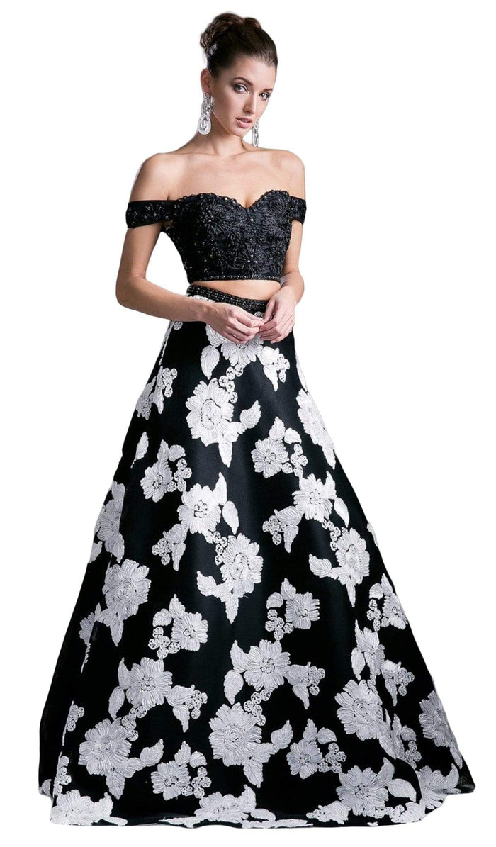 Cinderella Divine - 8945 Beaded Lace Bodice Floral A-Line Gown Special Occasion Dress 2 / Black