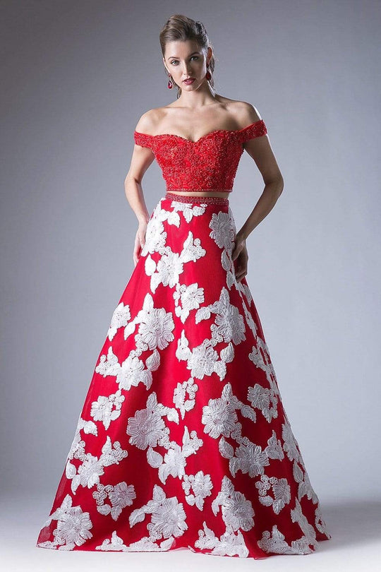 Cinderella Divine - 8945 Beaded Lace Bodice Floral A-Line Gown Special Occasion Dress 2 / Red