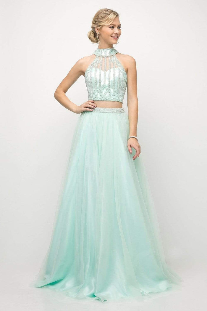 Cinderella Divine - 8994 Beaded Illusion High Halter A-Line Gown Special Occasion Dress 2 / Mint