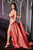 Cinderella Divine - A0065 Satin High Slit Caped Evening Gown Evening Dresses 2 / Coral