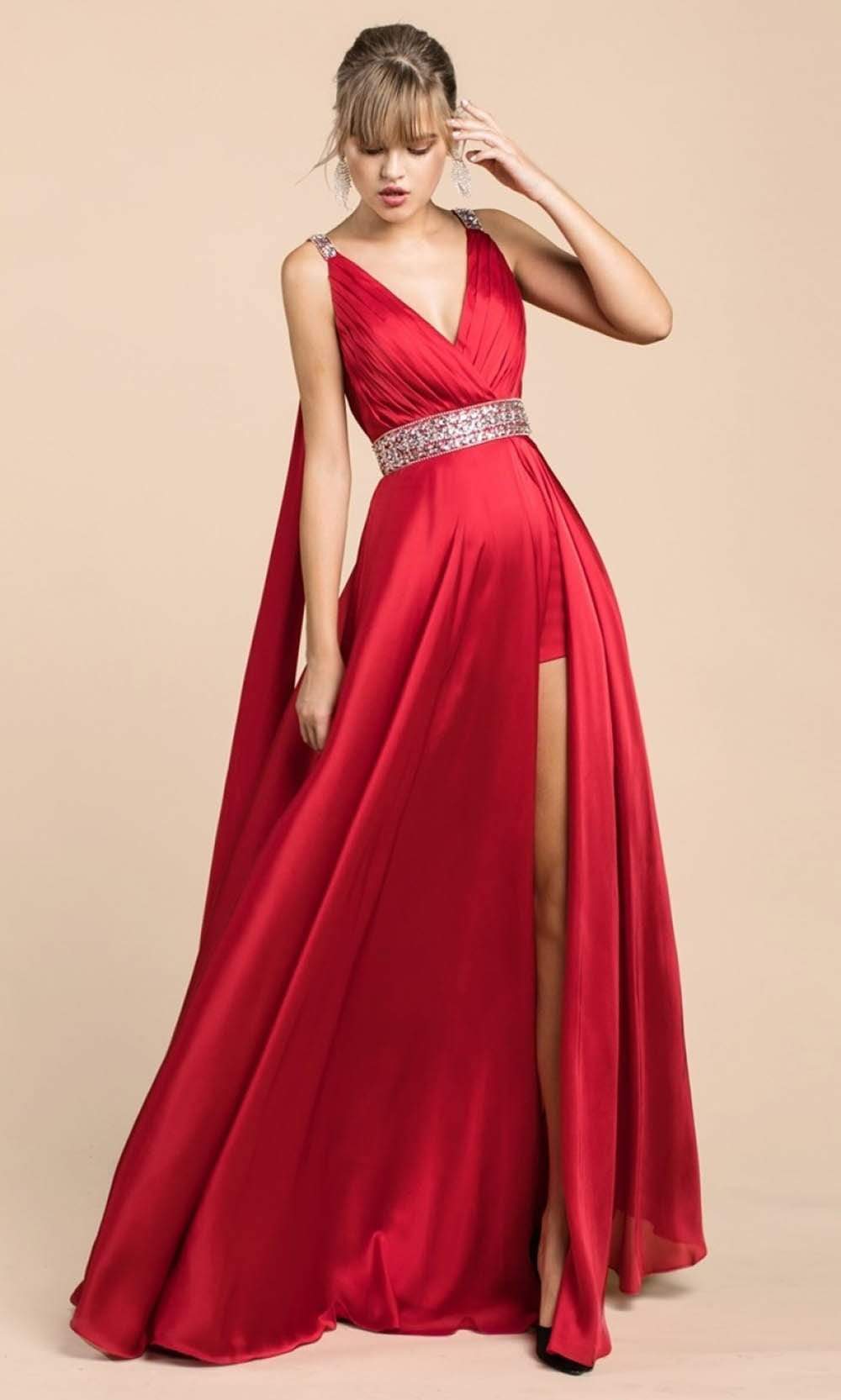 red dress with 2 slits dress red elegant Elegant Red Straps Corset Back Long Prom Evening Dress with Slit US16 / As Picture