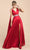 Cinderella Divine - A0065 Satin High Slit Caped Evening Gown Evening Dresses 2 / Red