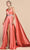 Cinderella Divine - A0065 Satin High Slit Caped Evening Gown Evening Dresses