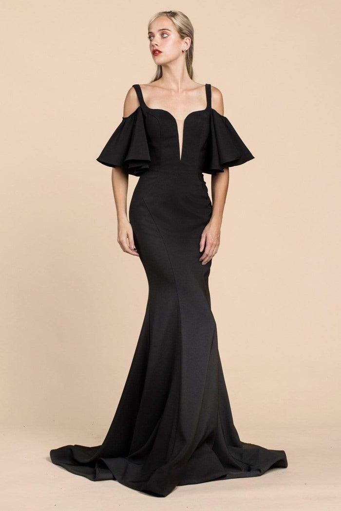 Cinderella Divine - A0079 Cold Off-Shoulder Flair Sleeves Mermaid Gown Evening Dresses 2 / Black