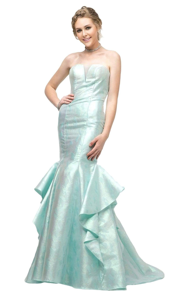 Cinderella Divine - A5033 Strapless Jacquard Layered Mermaid Gown Special Occasion Dress 2 / Mint