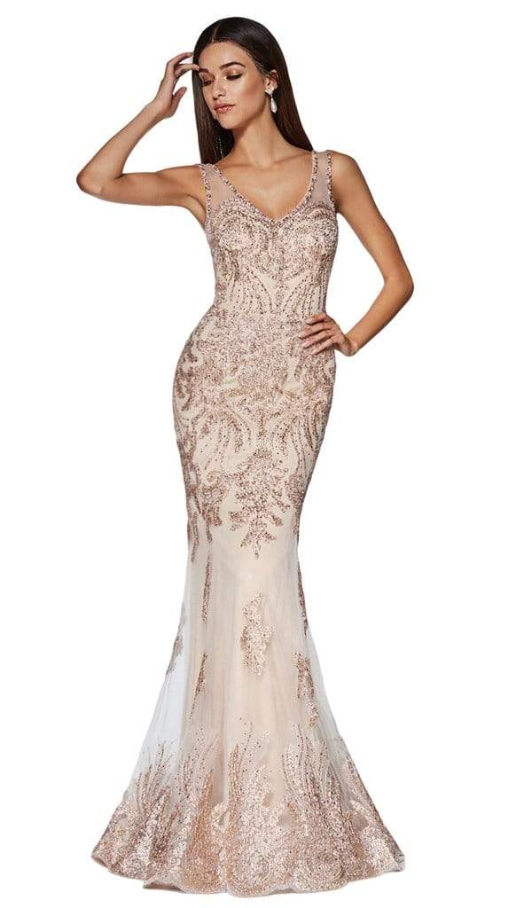 Cinderella Divine - AM186 Embellished Lace V-Neck Sleeveless Mermaid Gown CCSALE S / Rose Gold