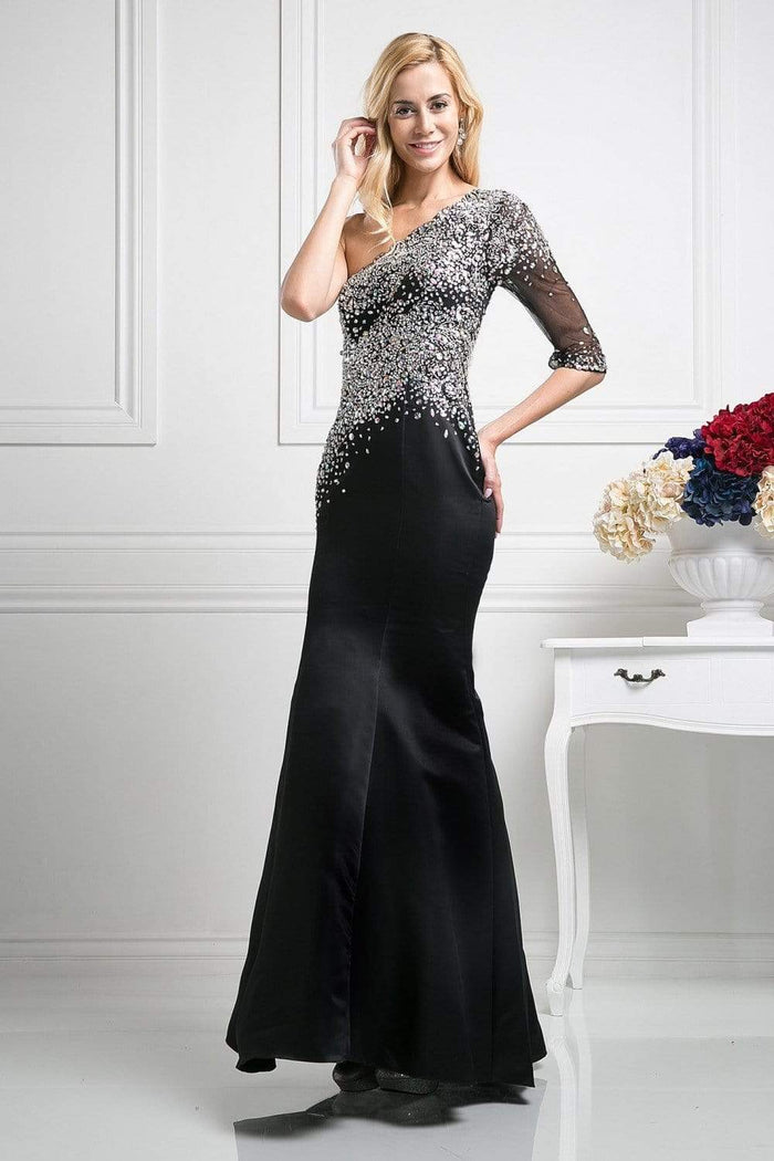 Cinderella Divine - Beaded Asymmetric Neck Trumpet Dress Special Occasion Dress 2 / Black