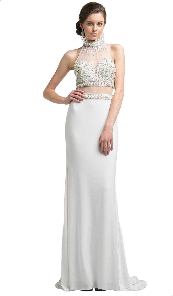 Cinderella Divine - Beaded High Neck Faux Two-Piece Sheath Evening Gown Special Occasion Dress 2 / Ivory