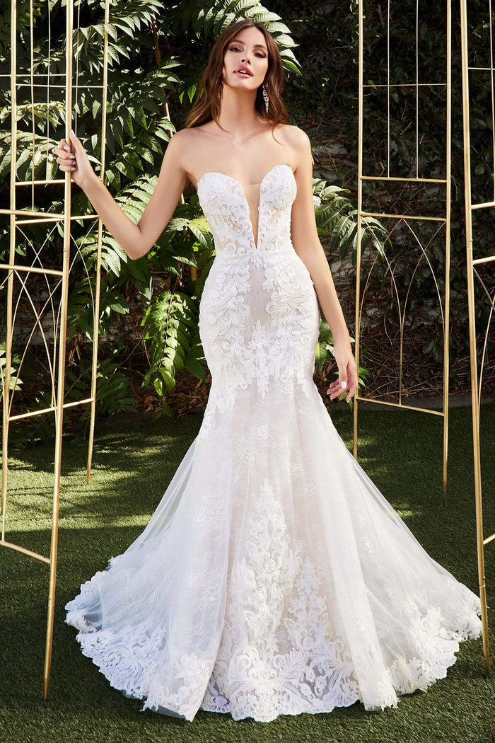 Cinderella Divine Bridal - CD928 Strapless Lace Trumpet Gown Wedding Dresses 2 / Off White-Nude