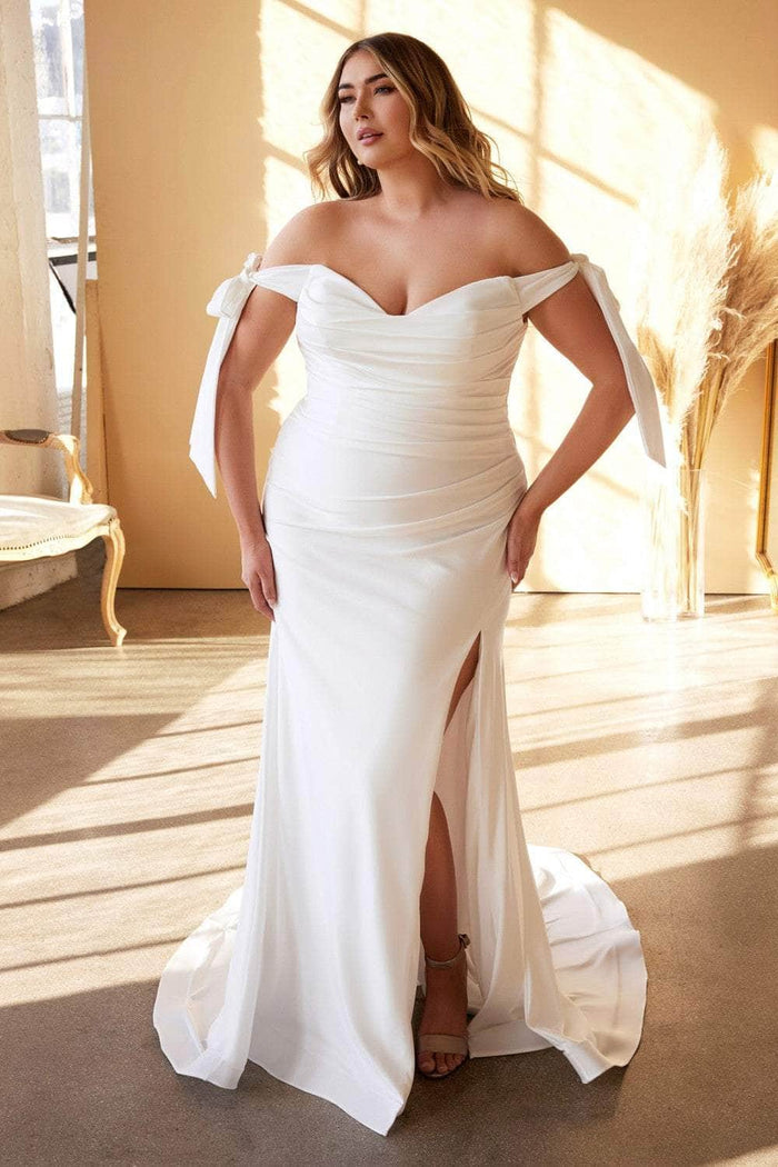 Cinderella Divine Bridals - CD944WC Off Shoulder Dress with Slit Wedding Dresses 16 / Off White