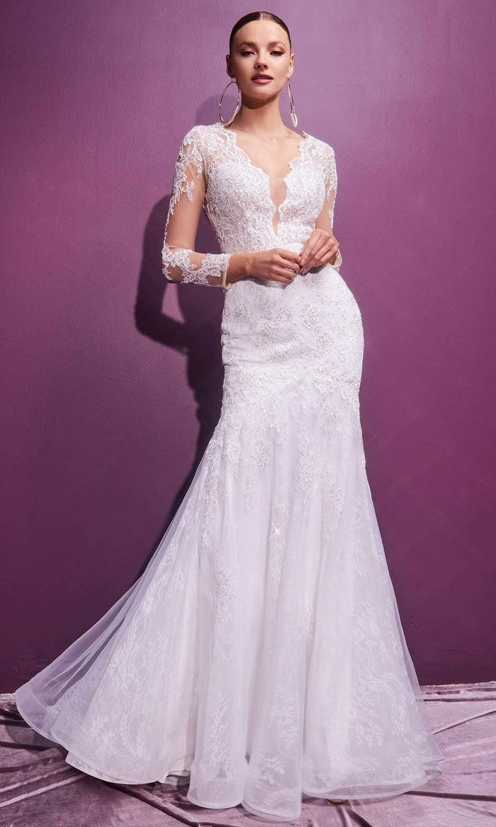 Cinderella Divine Bridals - CD951W Embroidered Long Sleeve Long Gown Wedding Dresses 2 / Off White