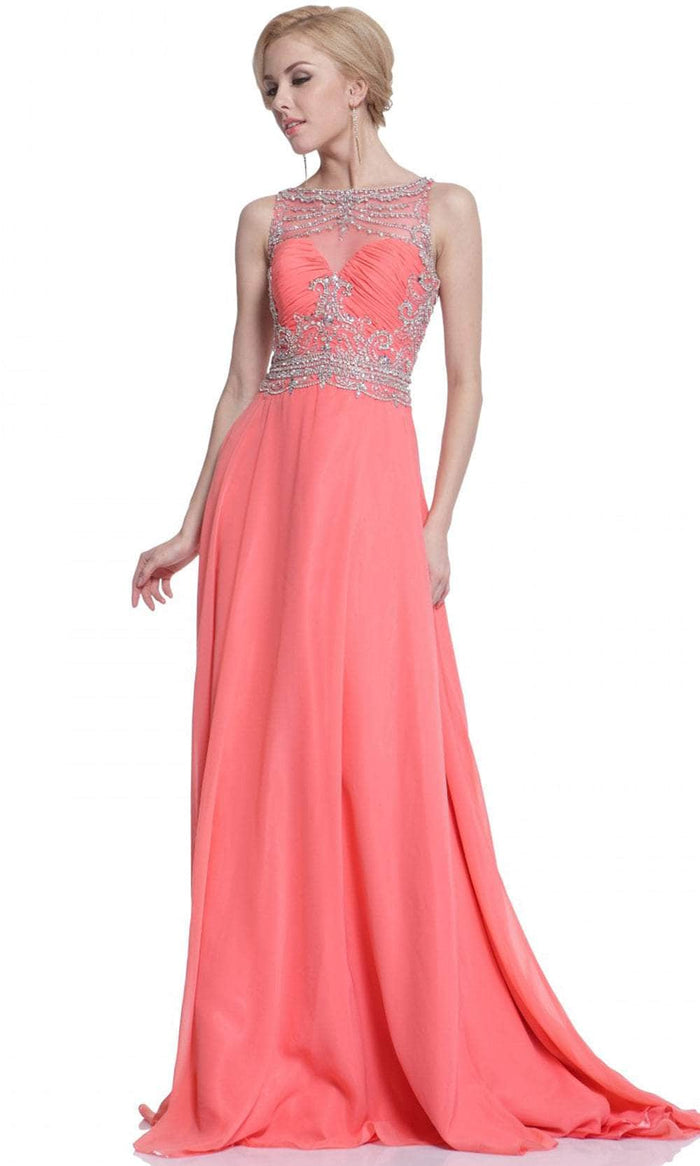 Cinderella Divine C215 - Bedazzled Ruched Bod Flowy Gown Special Occasion Dress 4 / Coral