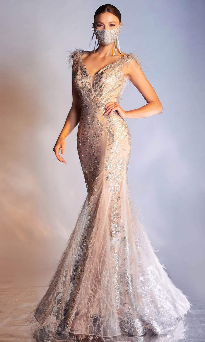 Cinderella Divine - C57 Embellished Deep V Neck Mermaid Gown Evening Dresses 2 / Silver-Nude