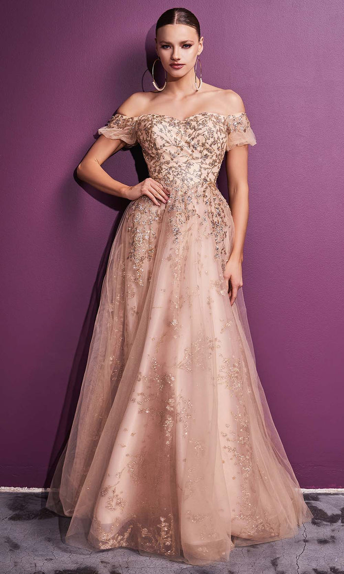 Cinderella Divine - C73 Off Shoulder Glitter Print A-Line Gown Prom Dresses 2 / Gold