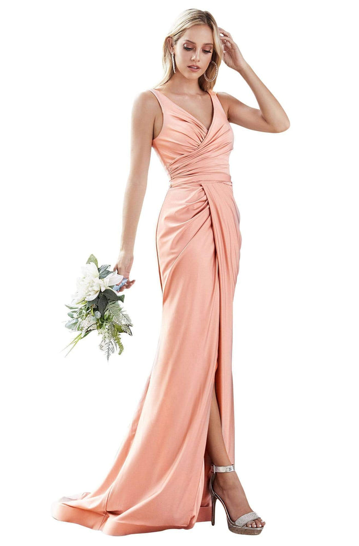 Cinderella Divine - C81730 Sleeveless V Neck High Slit Jersey Gown Bridesmaid Dresses 2 / Blush