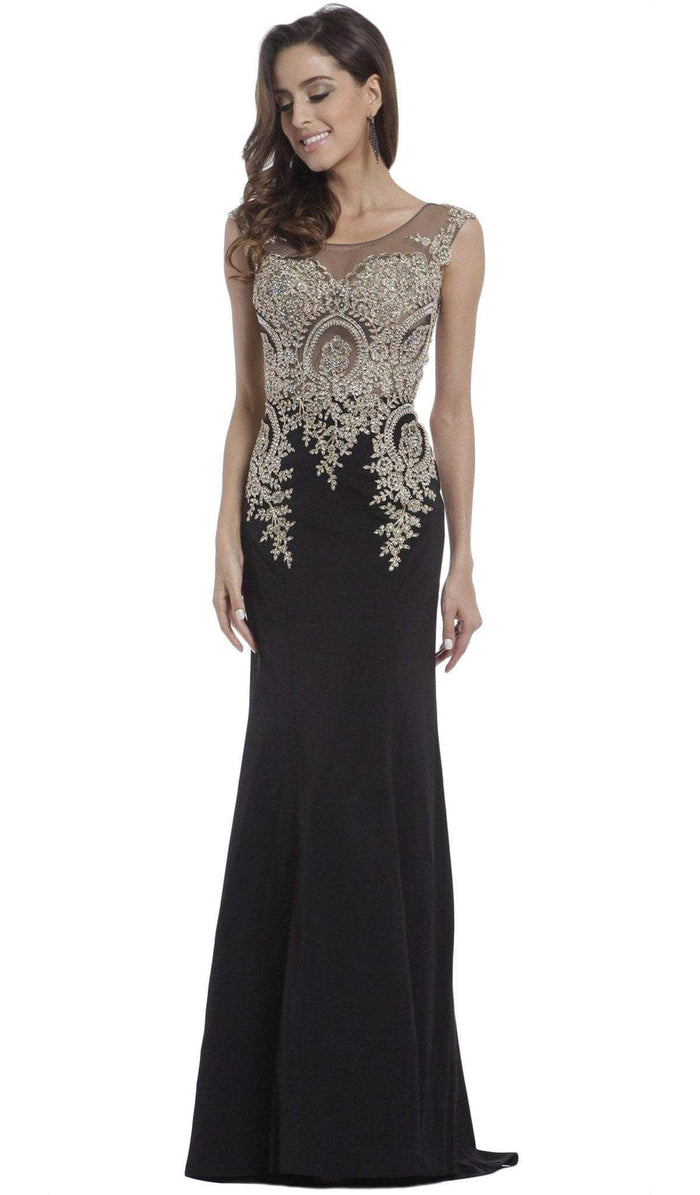 Cinderella Divine - Cap Sleeve Illusion Bateau Metallic Lace Evening Gown Special Occasion Dress 2 / Black