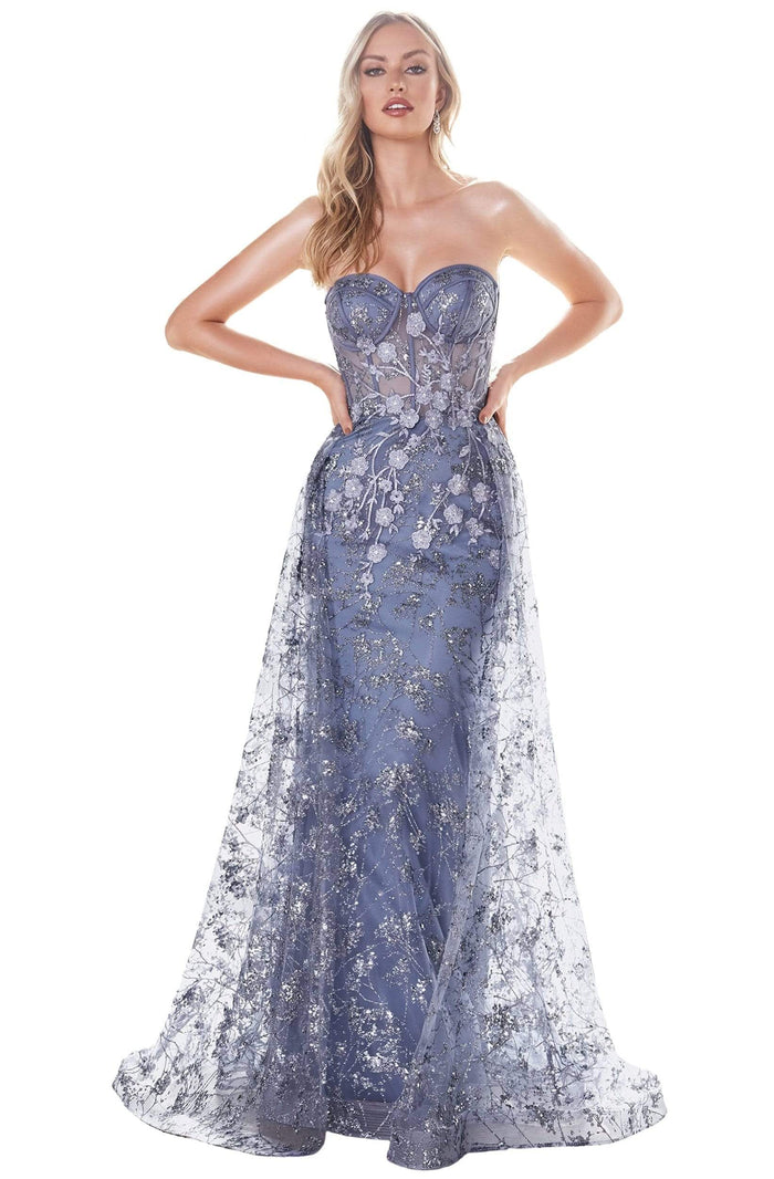 Cinderella Divine - CB046 Floral Appliqued Bustier Overskirt Gown Evening Dresses 2 / Smoky Blue