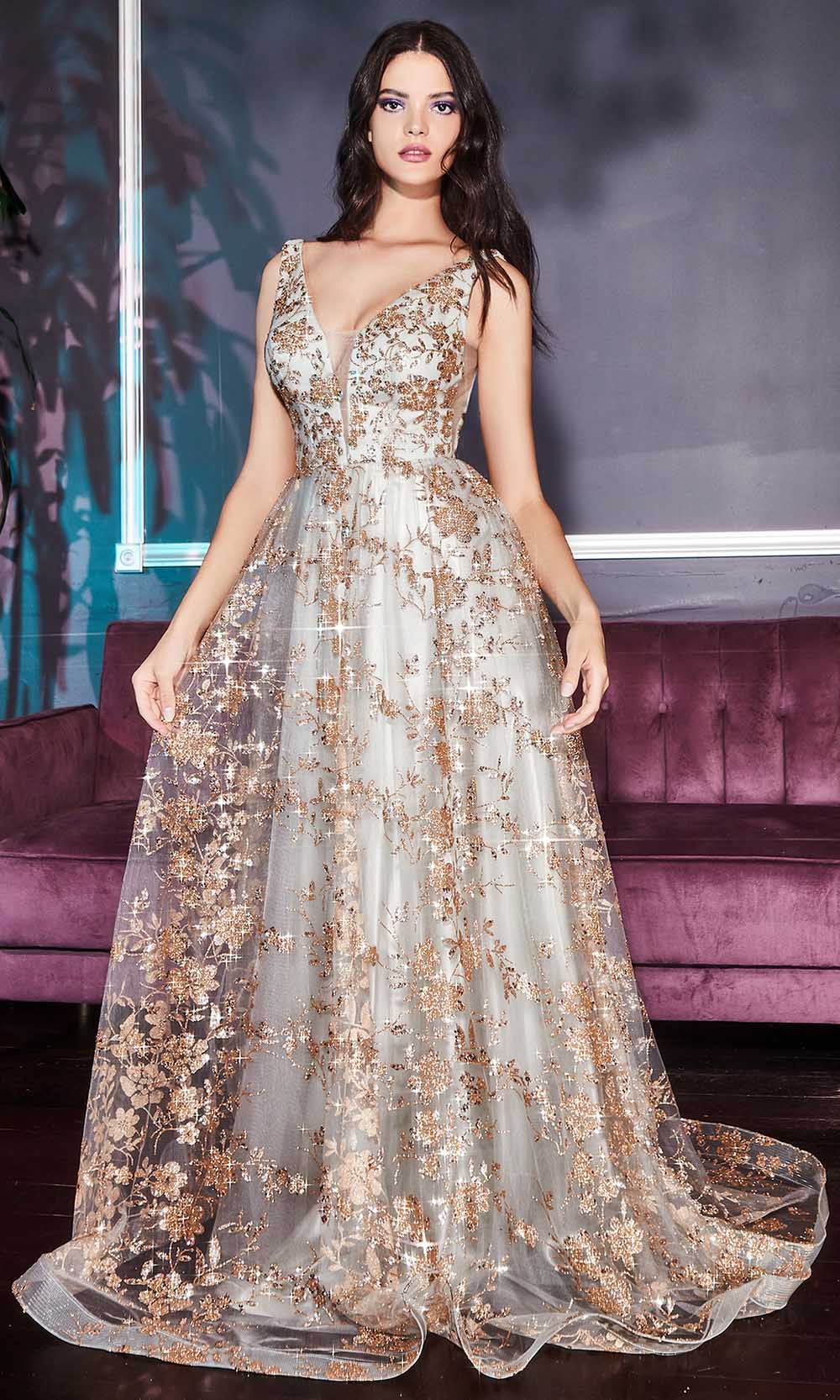 Cinderella Divine - CB068 Metallic Lace Print Glitter Net A-Line Gown ...