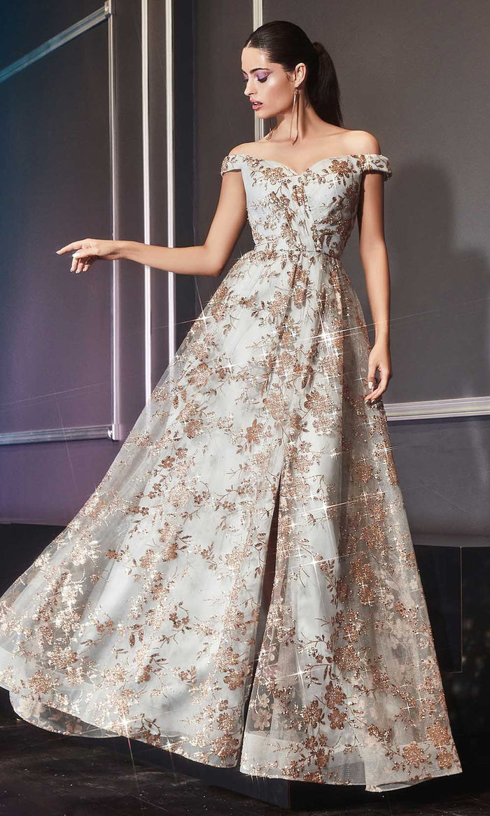 Cinderella Divine - CB069 Embellished Print Off Shoulder Gown Prom Dresses 2 / Gold-Mocha