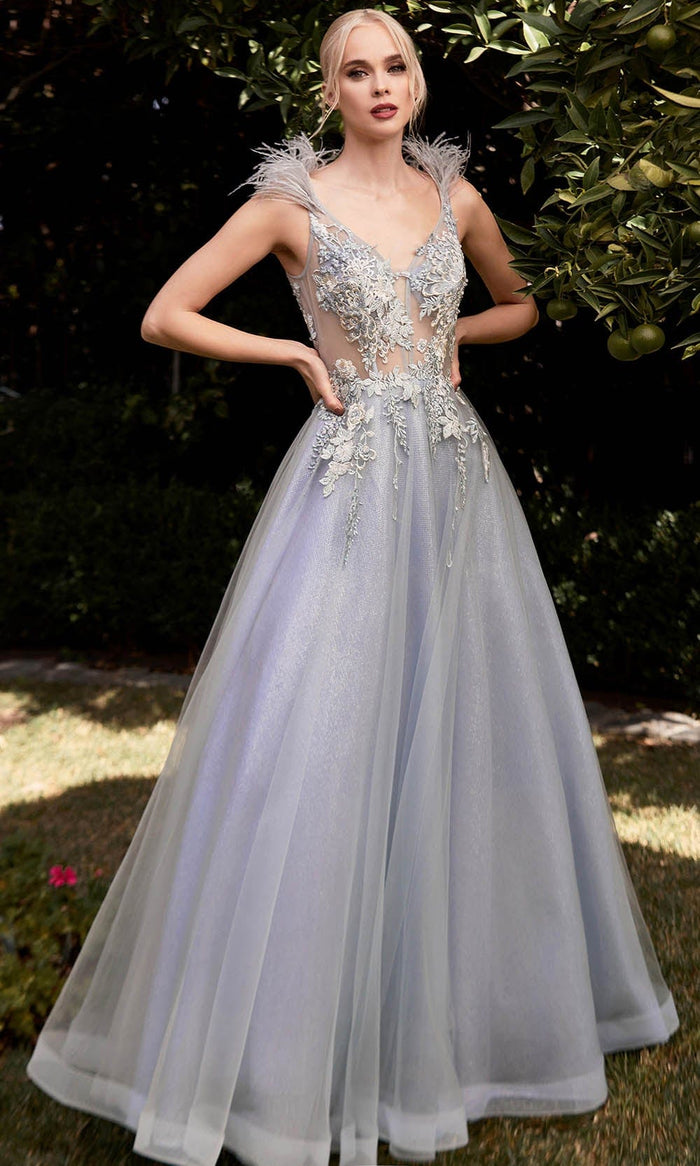 Cinderella Divine CB091 - Deep V-neck long Gown Prom Dresses 2 / Paris Blue