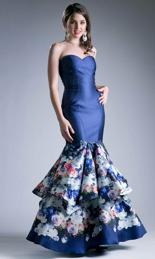 Cinderella Divine CC8190 - Floral Sweetheart Evening Gown Special Occasion Dress 4 / Navy