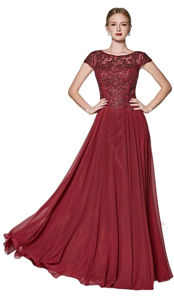 Cinderella Divine - CD0126 Beaded A-Line Short Sleeve Evening Dress - 1 pc Burgundy In Size S Available CCSALE S / Burgundy