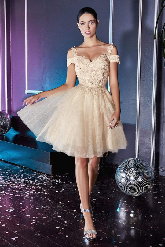 Cinderella Divine - CD0132 Cold Shoulder Lace and Glitter Tulle Cocktail Dress CCSALE 2X / Champagne